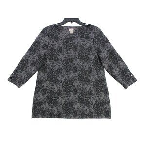 Chicos Black & Gray Floral Lace 3/4 Sleeve Tunic Top Size M